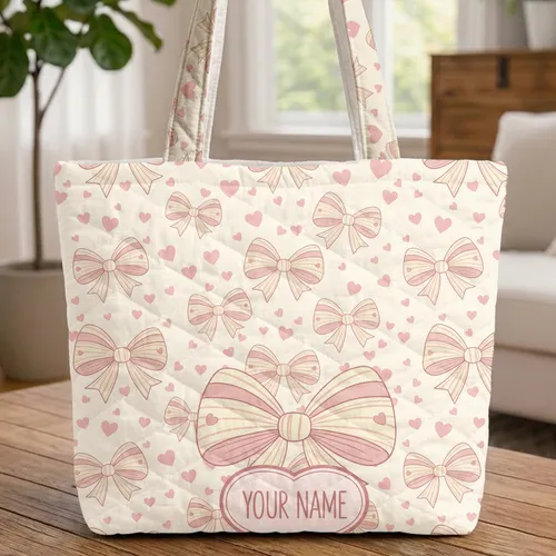 Ornate Bow Heart Cartouche Name Scattered Bows Hearts - Personalized Everyday Gift for Girl Quilted Tote Bag