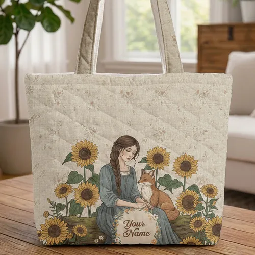 Woman Fox Sunflower Field - Floral Wreath Nature Lover Gift for Women Quilted Tote Bag