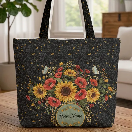 Sunflowers Poppies Autumn Flowers Butterflies Personalized Name - Fall Decor Gift Quilted Tote Bag