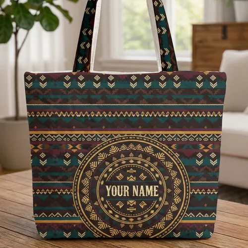 Personalized Name Ornate Tribal Medallion Geometric Chevron Stripes - Everyday Style Quilted Tote Bag