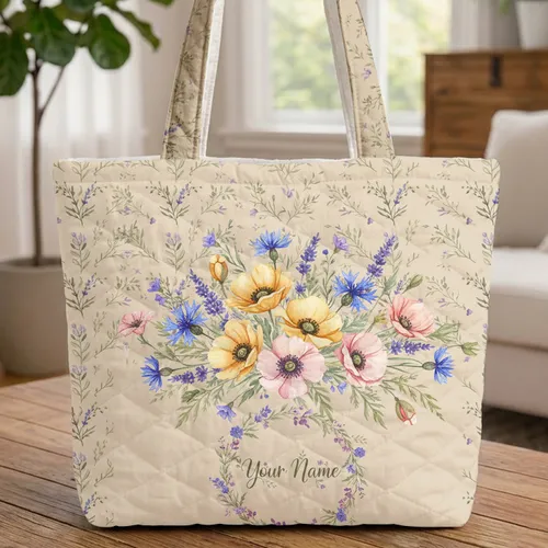 Poppy Cornflower Lavender Bouquet Floral Wreath - Nature Lover Everyday Gift for Her Quilted Tote Bag