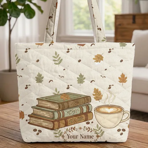 Personalized Vintage Books Coffee Latte Autumn Leaves - Reader Coffee Lover Gift Quilted Tote Bag