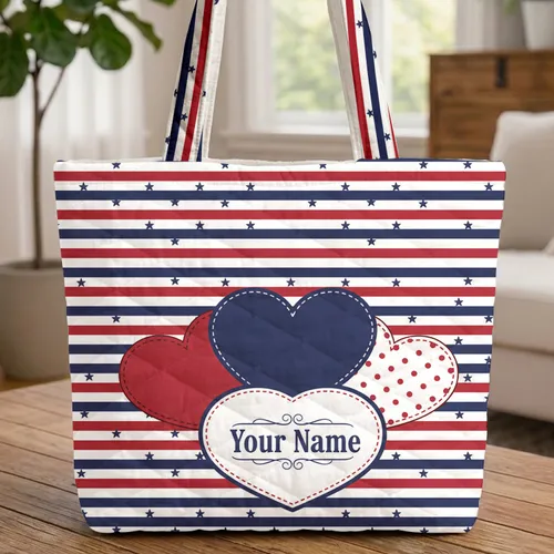 Ornate Patriotic Hearts American Flag - Independence Day Celebration Gift Quilted Tote Bag