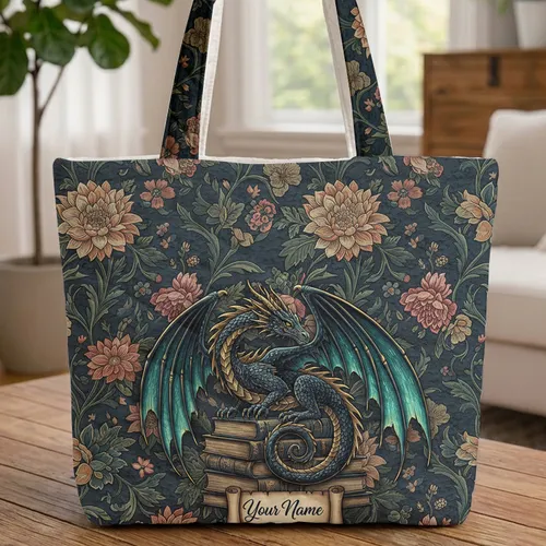 Majestic Dark Blue Dragon Antique Books - Personalized Floral Everyday Tote Gift Quilted Tote Bag