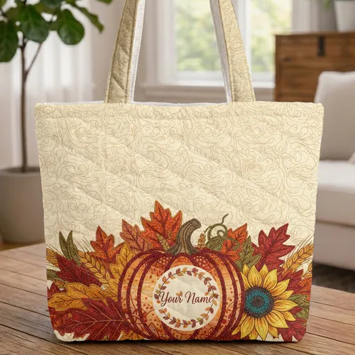 Ornate Pumpkin Autumn Leaves Wheat Stalks Sunflower Wreath - Fall Decor Gift Quilted Tote Bag