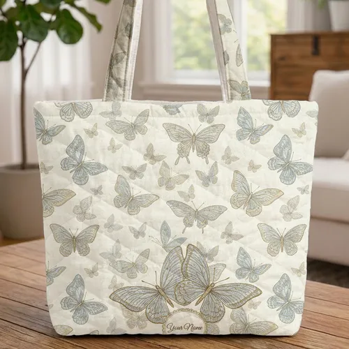 Elegant Ornate Butterflies Circular Name Medallion - Everyday Carryall Quilted Tote Bag