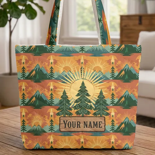 Evergreen Pine Tree Mountain Sun Rustic Sign – Personalized Gift for Nature Lovers Quilted Tote Bag