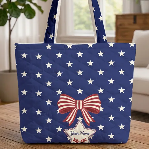 Patriotic Striped Bow Star Cartouche Name Laurel - Independence Day Gift Quilted Tote Bag