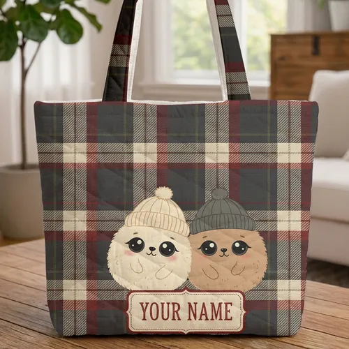 Fluffy Round Creatures Tartan Plaid Storybook Name Label - Everyday Gift for Kids Quilted Tote Bag