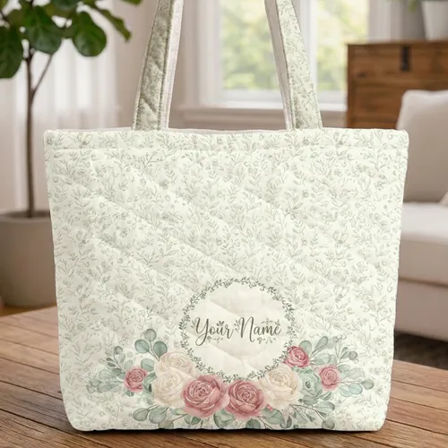 Roses Peonies Eucalyptus Wildflower Wreath - Everyday Tote Gift Quilted Tote Bag