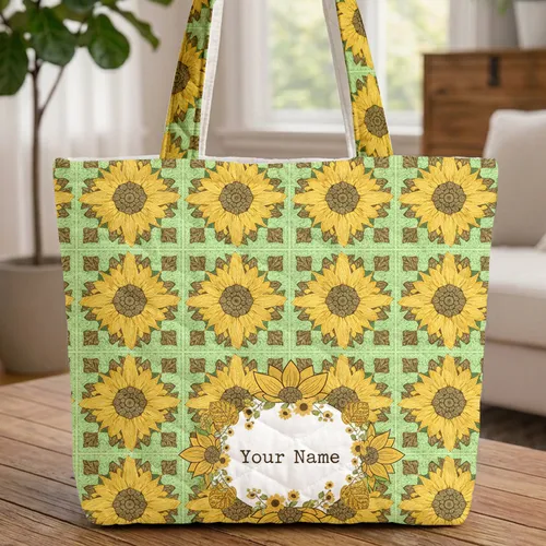 Crochet Sunflower Granny Square Floral Wreath Personalized - Farmhouse Decor Gift Quilted Tote Bag
