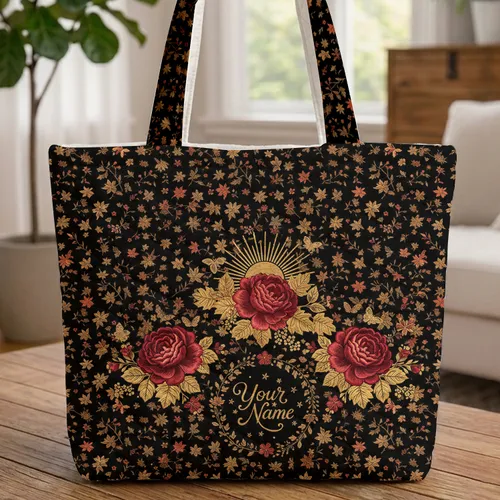 Autumn Maple Leaves Floral Roses Golden Sun Personalized Fall Season Gift Quilted Tote Bag