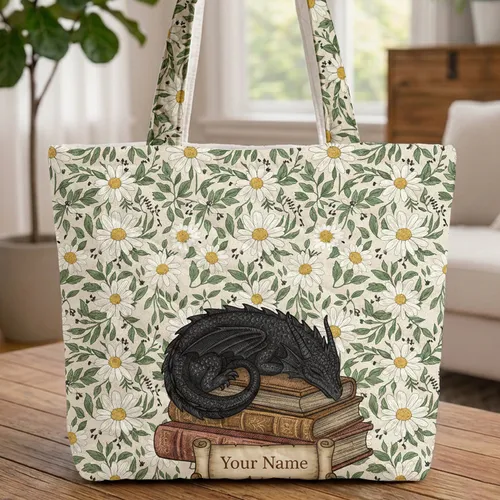Black Dragon Books Wild Daisy Flowers - Personalized Reader Gift for Book Lovers Quilted Tote Bag