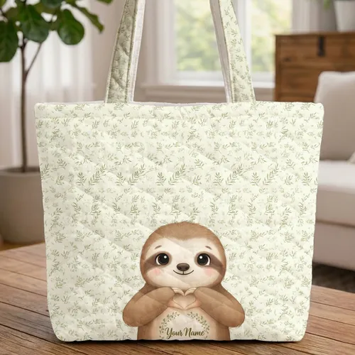 Personalized Baby Sloth Heart Hands - Wildlife Lover Gift Quilted Tote Bag