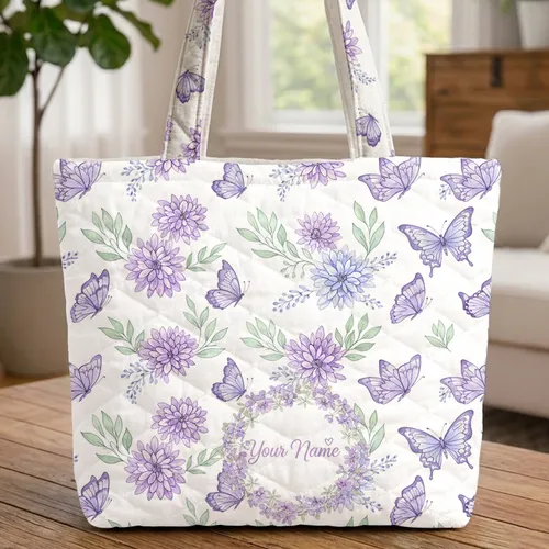 Butterflies Chrysanthemum Wreath Monogram - Wildlife Lover Gift Quilted Tote Bag