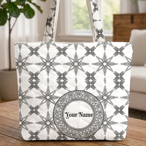 Folk Art Stars Diamonds Medallion - Boho Lifestyle Gift Quilted Tote Bag