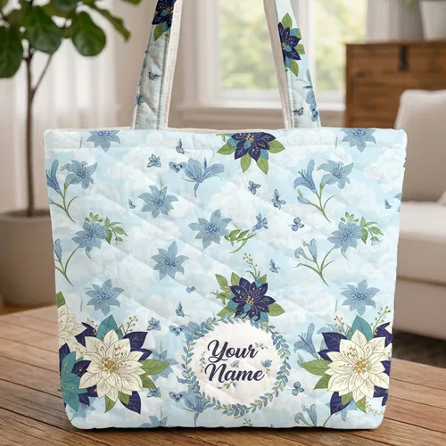 Poinsettia Lily Floral Butterfly Wreath - Personalized Everyday Gift Quilted Tote Bag