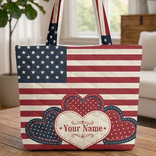 American Flag Stars Folk Hearts Personalized - Independence Day Celebration Gift for Veterans Quilted Tote Bag