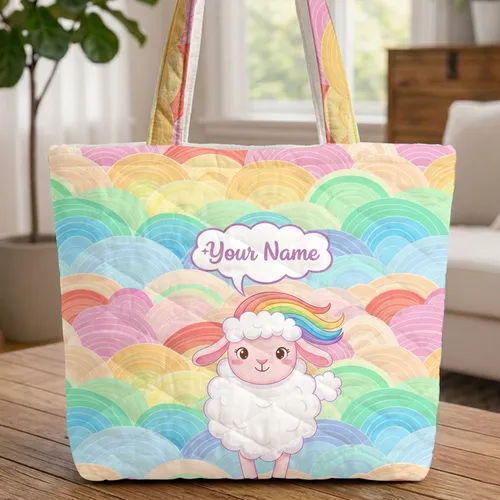 Personalized Rainbow Mane Sheep Name Cloud - Kids Everyday Gift Quilted Tote Bag