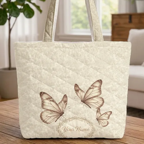 Personalized Monarch Butterflies Vines Oval Medallion - Wildlife Lover Gift Quilted Tote Bag