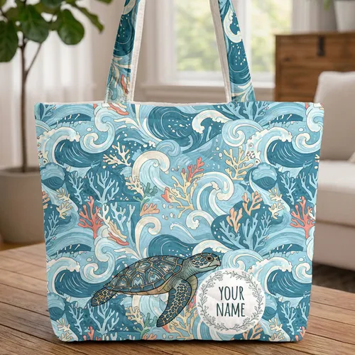 Sea Turtle Personalized Name Ocean Waves Coral Seaweed - Marine Wildlife Lover Gift Quilted Tote Bag