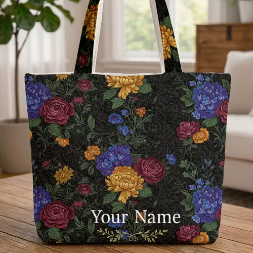 Personalized Name Dense Vintage Tapestry Floral Foliage - Everyday Lifestyle Accessory Quilted Tote Bag