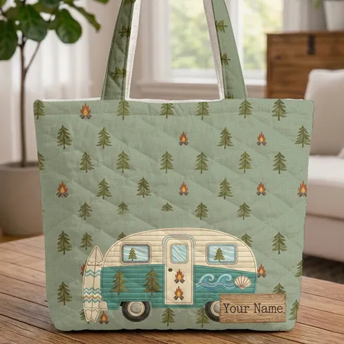 Camper Van Pine Tree Campfire Ocean Waves Camping Lover Gift Quilted Tote Bag