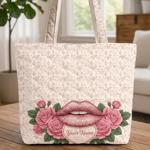 Ornate Floral Lace Lips Pink Roses Delicate Leaves Heart Name - Personalized Everyday Carry Gift Quilted Tote Bag