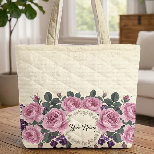 Rose Botanical Floral Wreath Parchment - Everyday Tote Gift Quilted Tote Bag