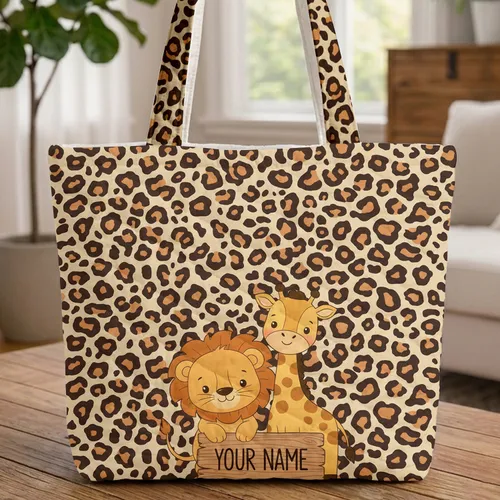 Baby Lion Cub Giraffe Calf Weathered Wooden Name Sign - Leopard Safari Wildlife Gift for Kids Quilted Tote Bag