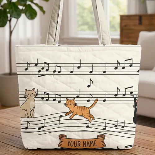 Playful Beige Orange Black Cats Musical Staff G-Clefs - Music Lover Gift Quilted Tote Bag