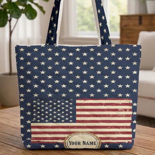 Distressed American Flag Rope Border - Patriotic Everyday Use Quilted Tote Bag