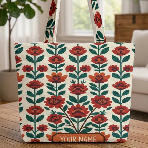 Folk Art Flowers Botanical Bouquet Vintage Plaque Gift Quilted Tote Bag