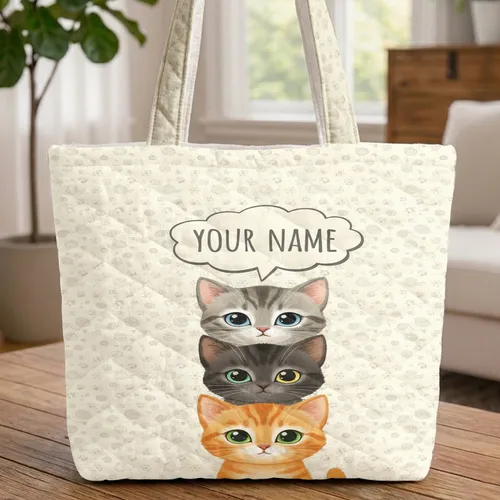 Three Stacked Kitten Faces Paw Print Yarn Ball - Cat Lover Gift for Pet Owner Quilted Tote Bag