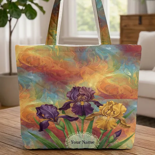 Purple Golden Irises Floral Wreath - Bag Gift for Flower Lovers Quilted Tote Bag