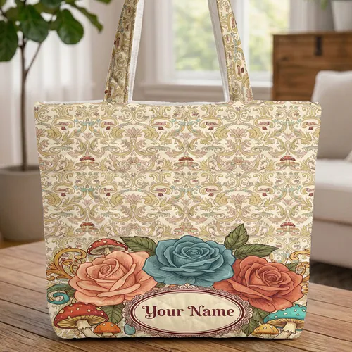 Roses Mushrooms Scrollwork Medallion - Personalized Everyday Gift Quilted Tote Bag