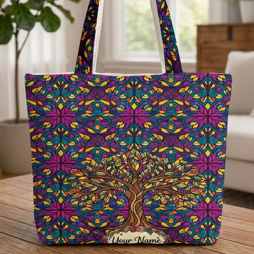 Tree of Life Branches Leaves Floral Wreath - Spiritual Lifestyle Everyday Carry Gift for Her Quilted Tote Bag
