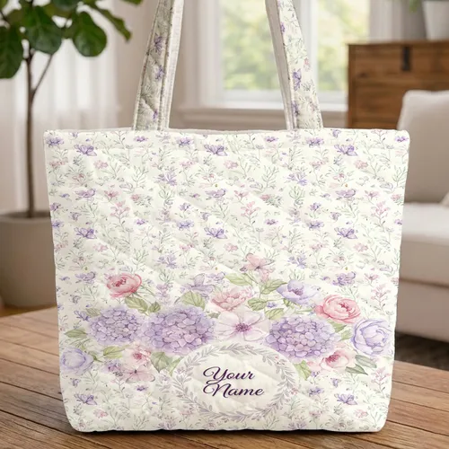 Floral Garden Wildflower Leaves Hydrangea Peony Butterfly Wreath - Everyday Tote Gift Quilted Tote Bag