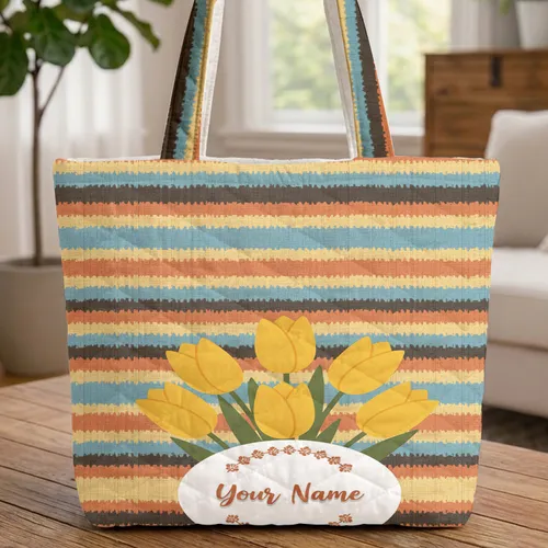 Woven Stripes Yellow Tulips Floral Wreath - Tulip Lovers Gift Quilted Tote Bag