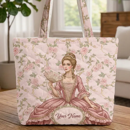 Rococo Woman Gown Fan Tiara Blush Roses Gold Scrollwork - Everyday Tote Quilted Tote Bag