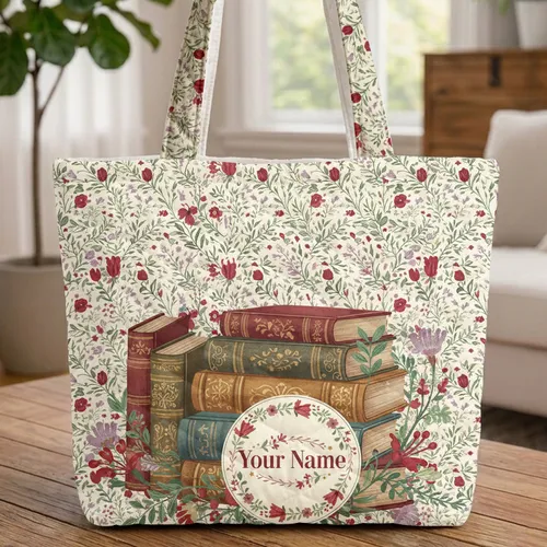 Personalized Wildflower Book Stacks Floral Wreath - Book Lover Bag Gift Quilted Tote Bag