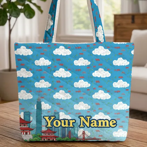 Taiwanese Temples Taipei City Your Name - Everyday Tote Gift for Traveler Quilted Tote Bag