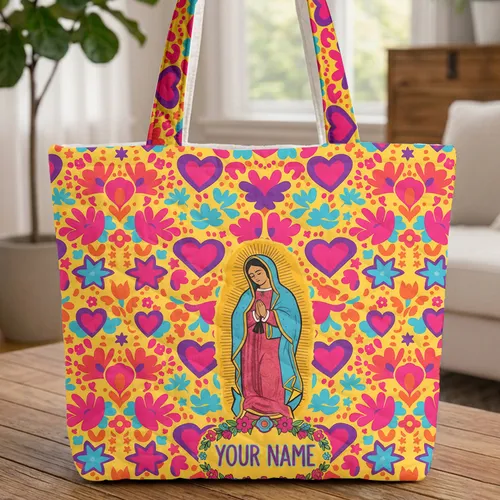 Our Lady of Guadalupe Hearts Stars Floral Personalized Faith Gift Quilted Tote Bag