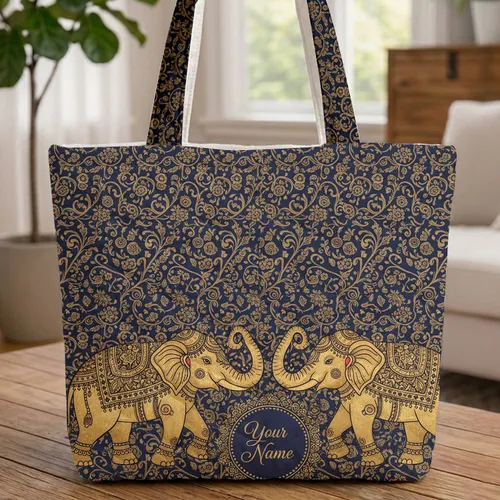 Ornate Golden Elephants Swirling Vines Paisley Mandalas - Home Accent Gift for Elephant Lovers Quilted Tote Bag