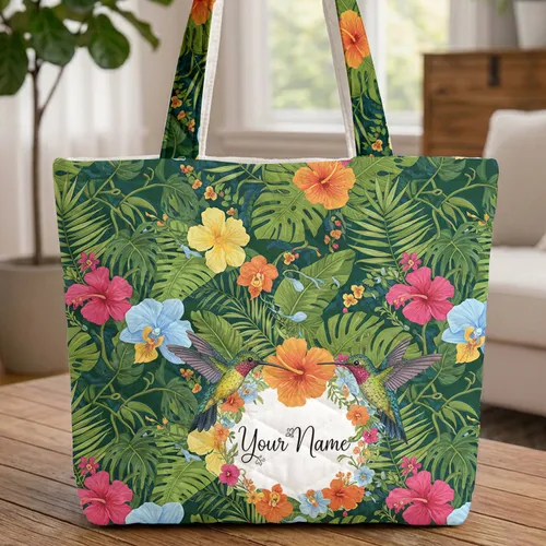 Hummingbird Hibiscus Orchid Tropical Foliage - Personalized Wildlife Lover Gift Quilted Tote Bag