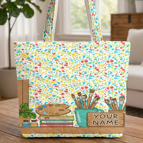 Personalized Name Artist Tools Paint Splatter Books - Creative Painter Gift Quilted Tote Bag