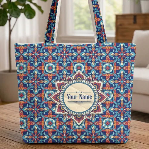 Mediterranean Tile Floral Geometric Mandala Medallion - Everyday Travel Essentials Quilted Tote Bag