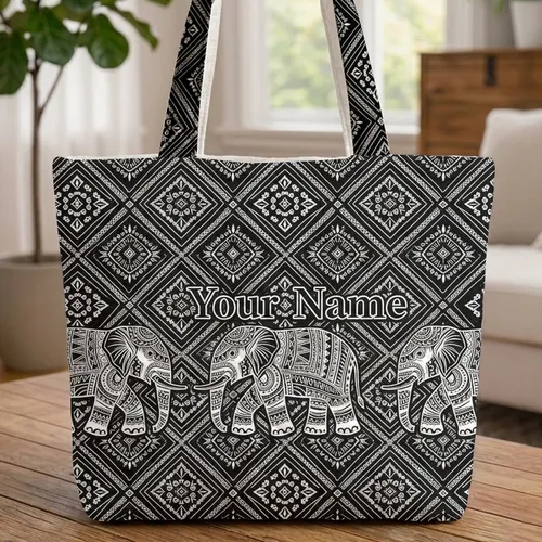 Ornate Elephant Diamond Zigzag Tribal Geometric Boho Lifestyle Gift Quilted Tote Bag