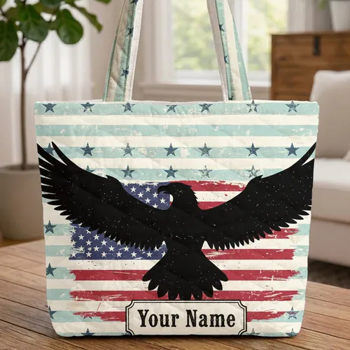 Black Eagle American Flag Distressed Stars - Independence Day Gift for Him Quilted Tote Bag