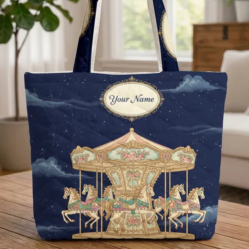 Twinkling Stars Carousel Horses Night Sky Your Name - Special Occasion Gift Quilted Tote Bag